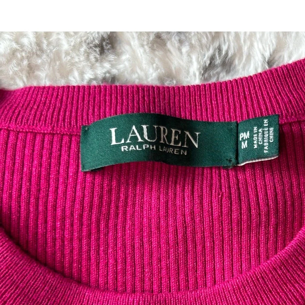 Lauren Ralph Lauren Pink White Black Stripe Ribbed Sweater Buttons‎ Women's M